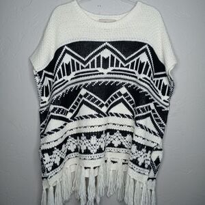 ethereal Black and Cream Pullover Oversized Sweater with Fringe